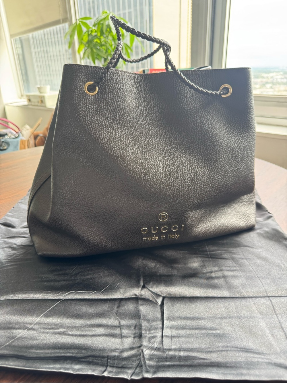 Gucci Dark Brown Pebbled Leather Tote with Braided Handles